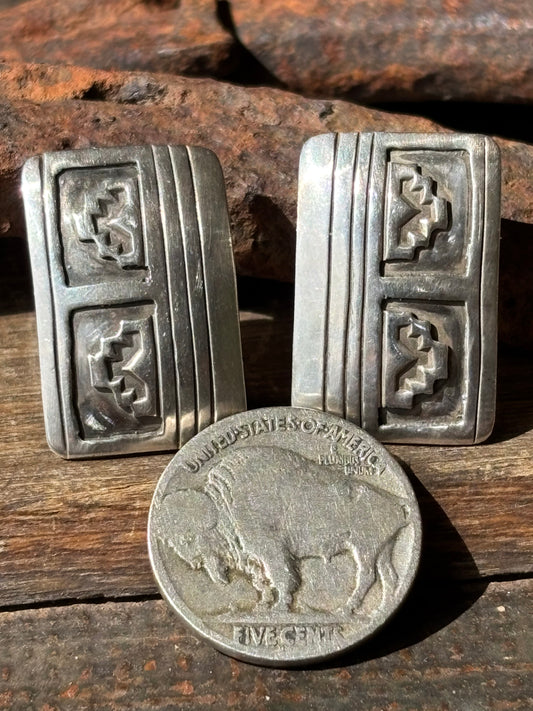 Vintage Native American by A. Holman. Sterling Silver Overlay Design Rectangle Post Earrings