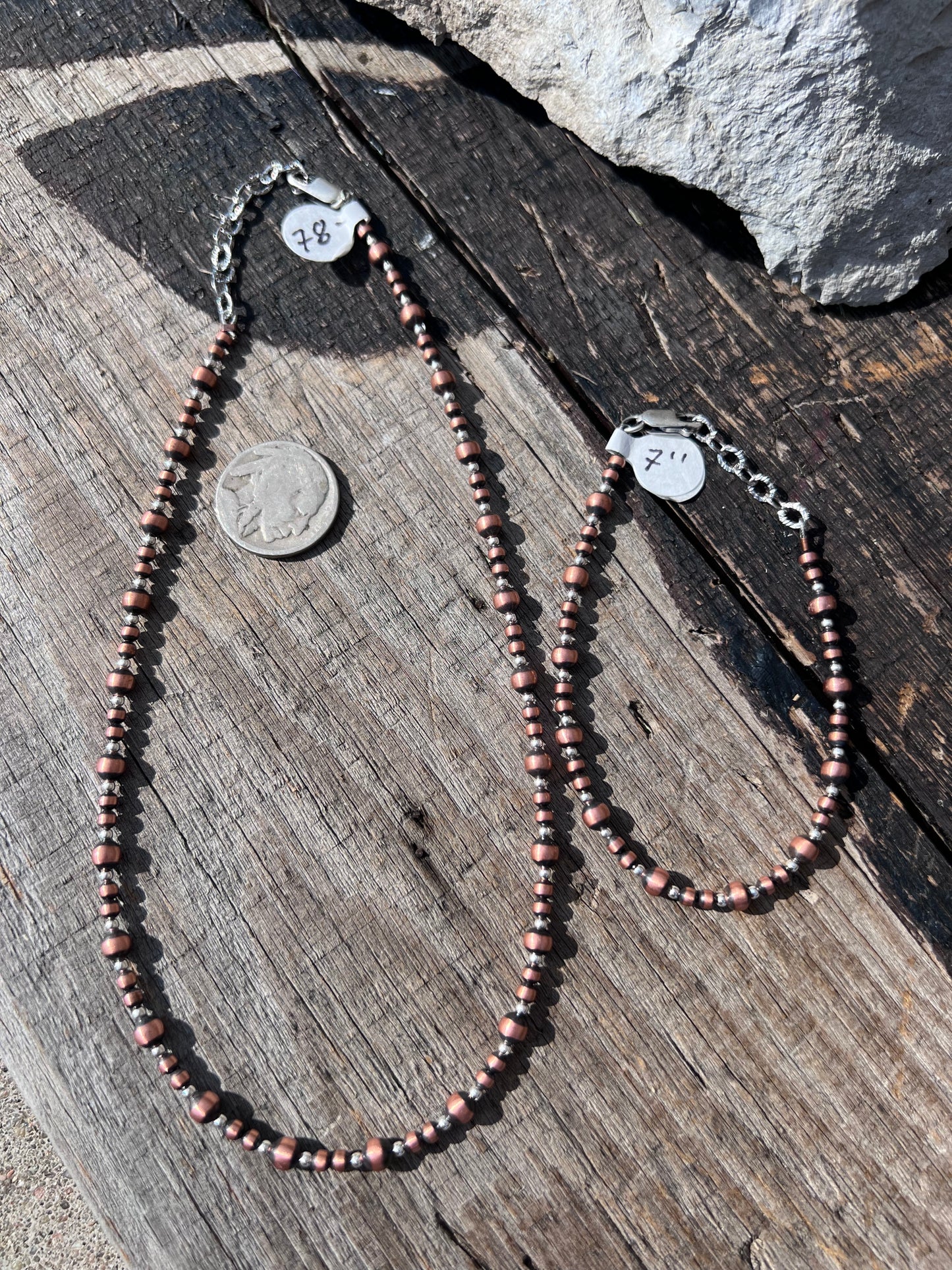 Sterling & Oxidized Copper Bead 2-4mm Necklace 14-15.5” & Bracelet 7-7.5” Set
