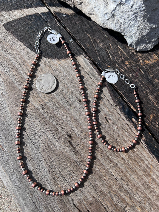 Sterling & Oxidized Copper Bead 2-4mm Necklace 14-15.5” & Bracelet 7-7.5” Set