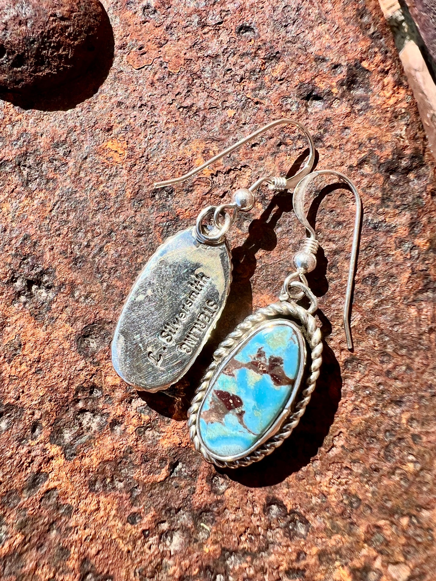 GoldenHills Turquoise & Sterling Silver Dangle Earrings- Navajo Handmade by L. Silversmith