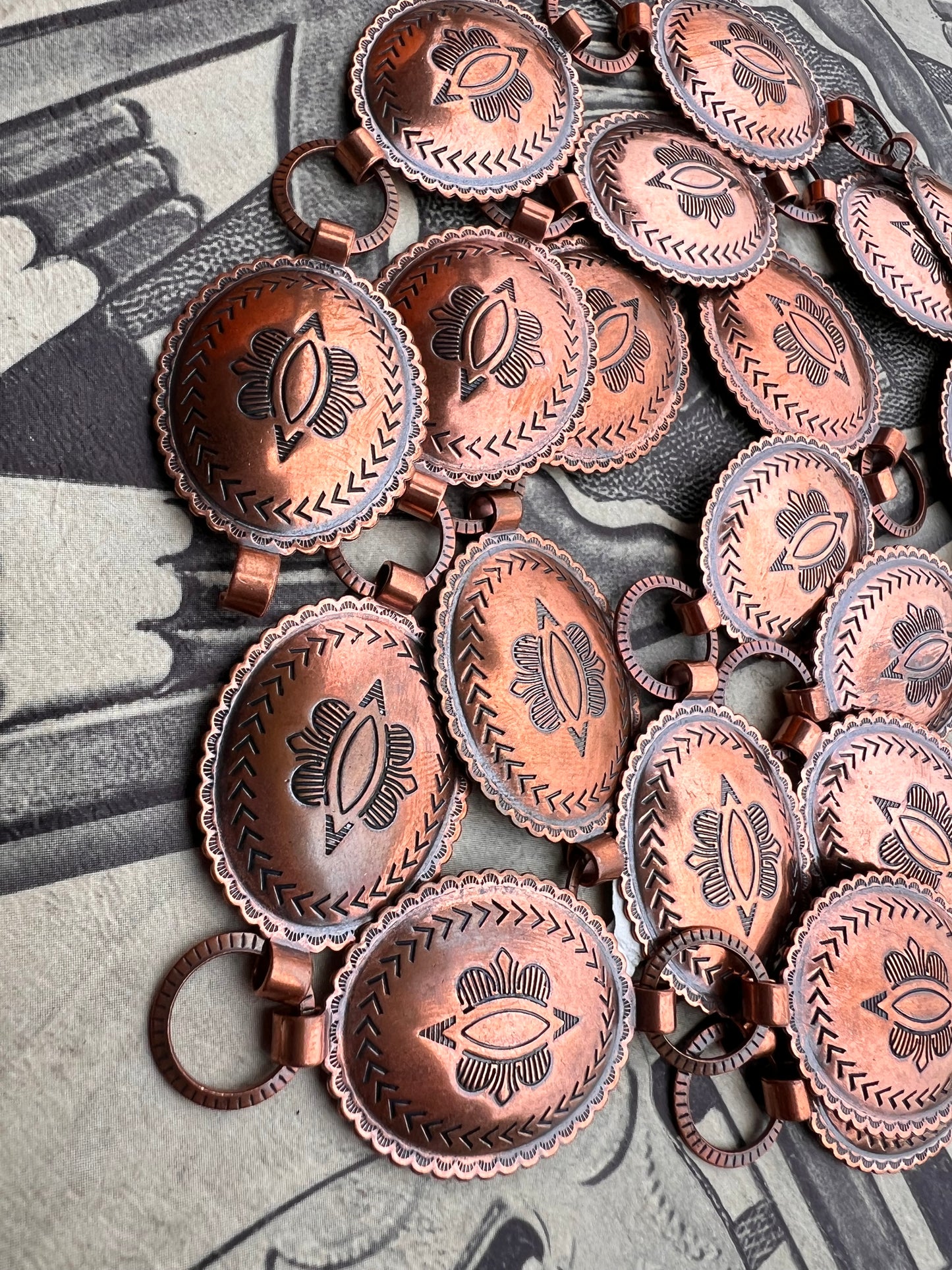 Gorgeous Copper Stamped Concho Belt/Lariat Necklace 43”