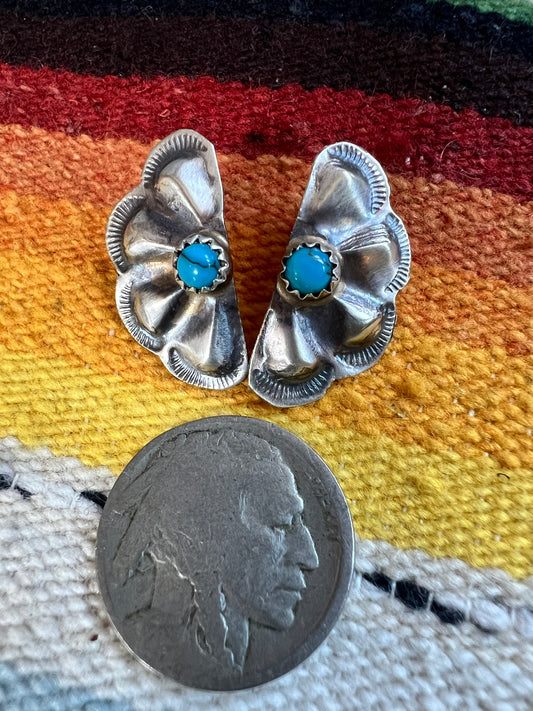Native Handmade by Joann Begay Sterling & Turquoise Half Cluster Scalloped Repousse Post Earrings 3/4” x 1/2”