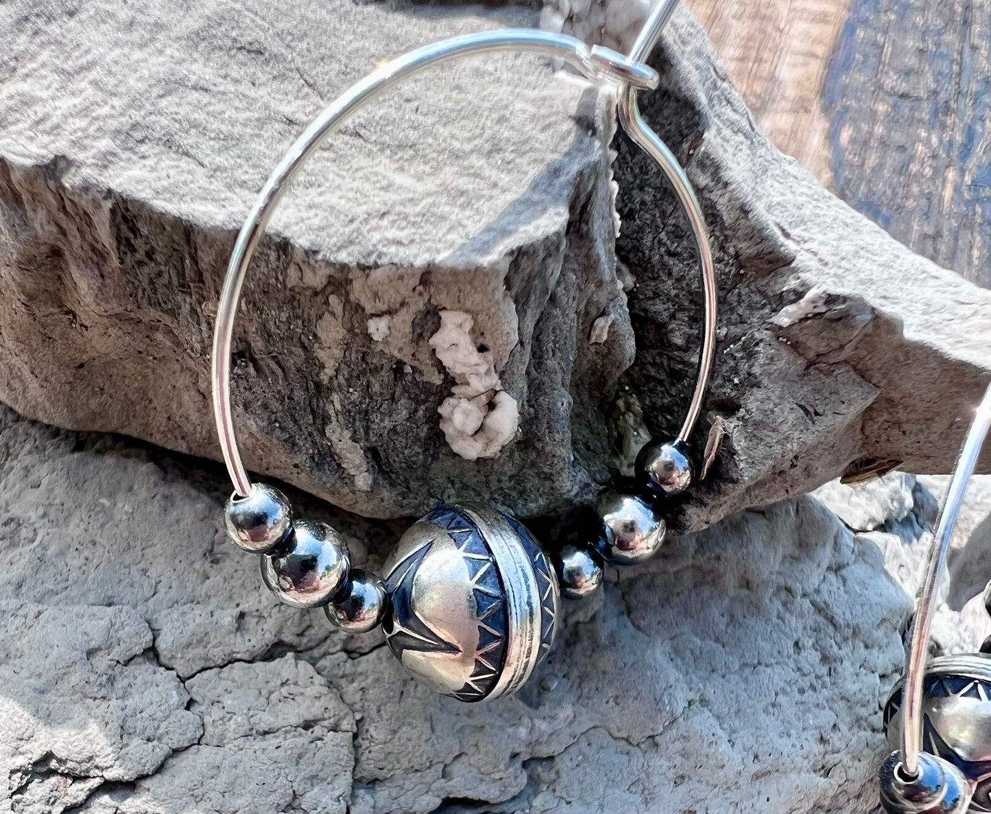 Sterling Silver 3-10mm Beads Hoop Earrings 1.2”