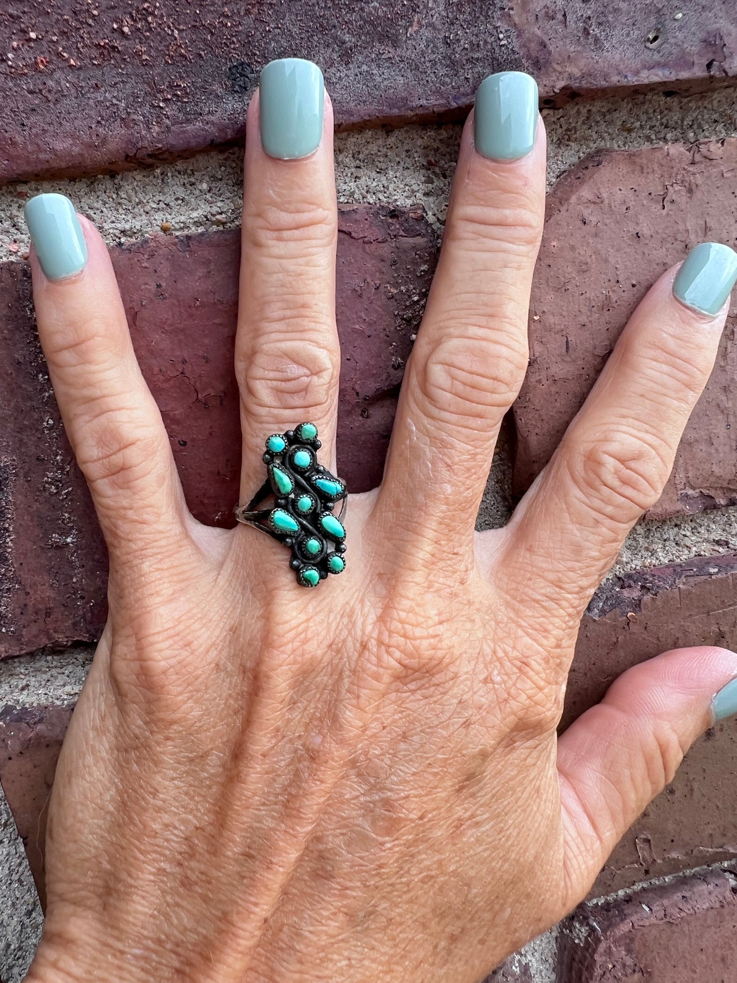 Vintage Native American Handmade Zuni Turquoise & Sterling Ring Sz 7.5