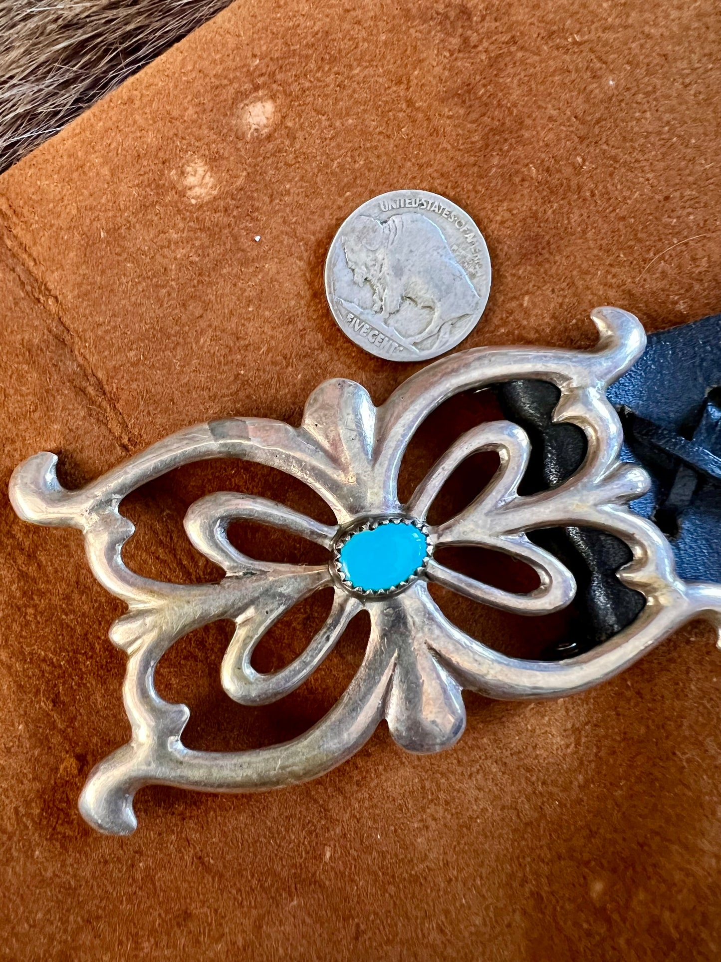 Vintage Navajo Handmade  Sterling Silver Sandcast Buckle Belt with Kingman Turquoise 35”