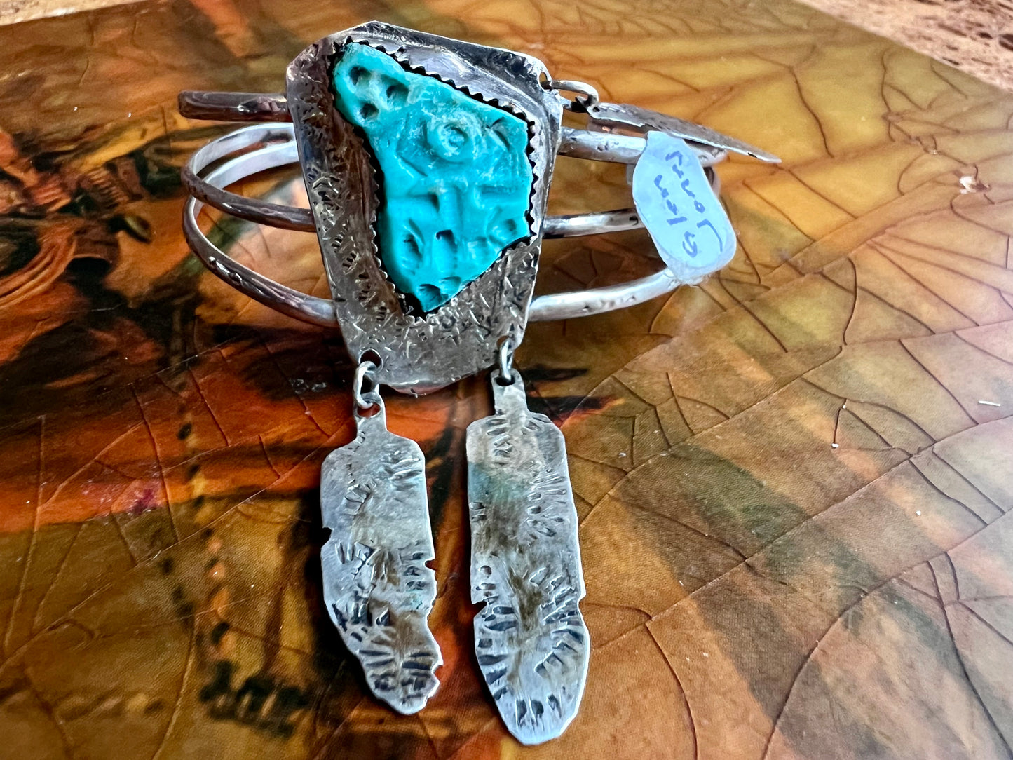 Handmade Glen Jones Sterling & Carved Turquoise w/Feathers Cuff Sz 6-6.5