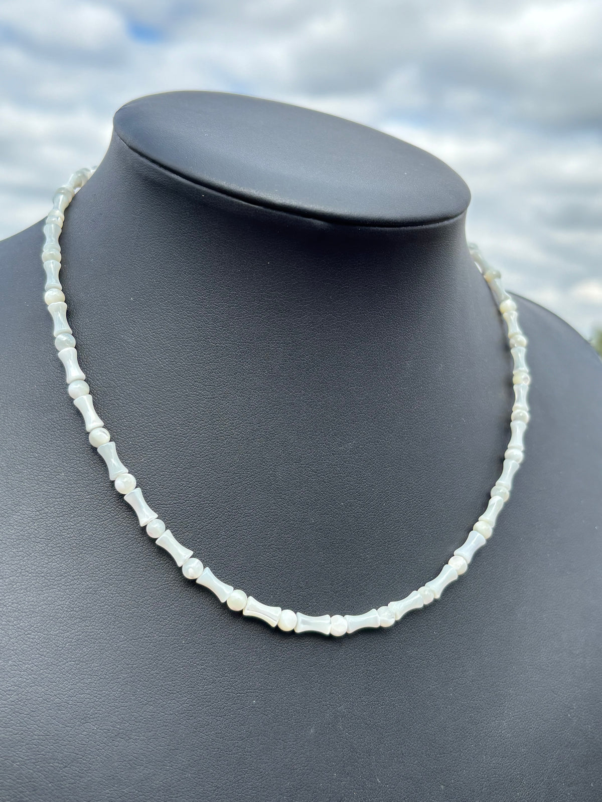 Mother-of-Pearl Bamboo & Round Beaded Necklace 17.5”