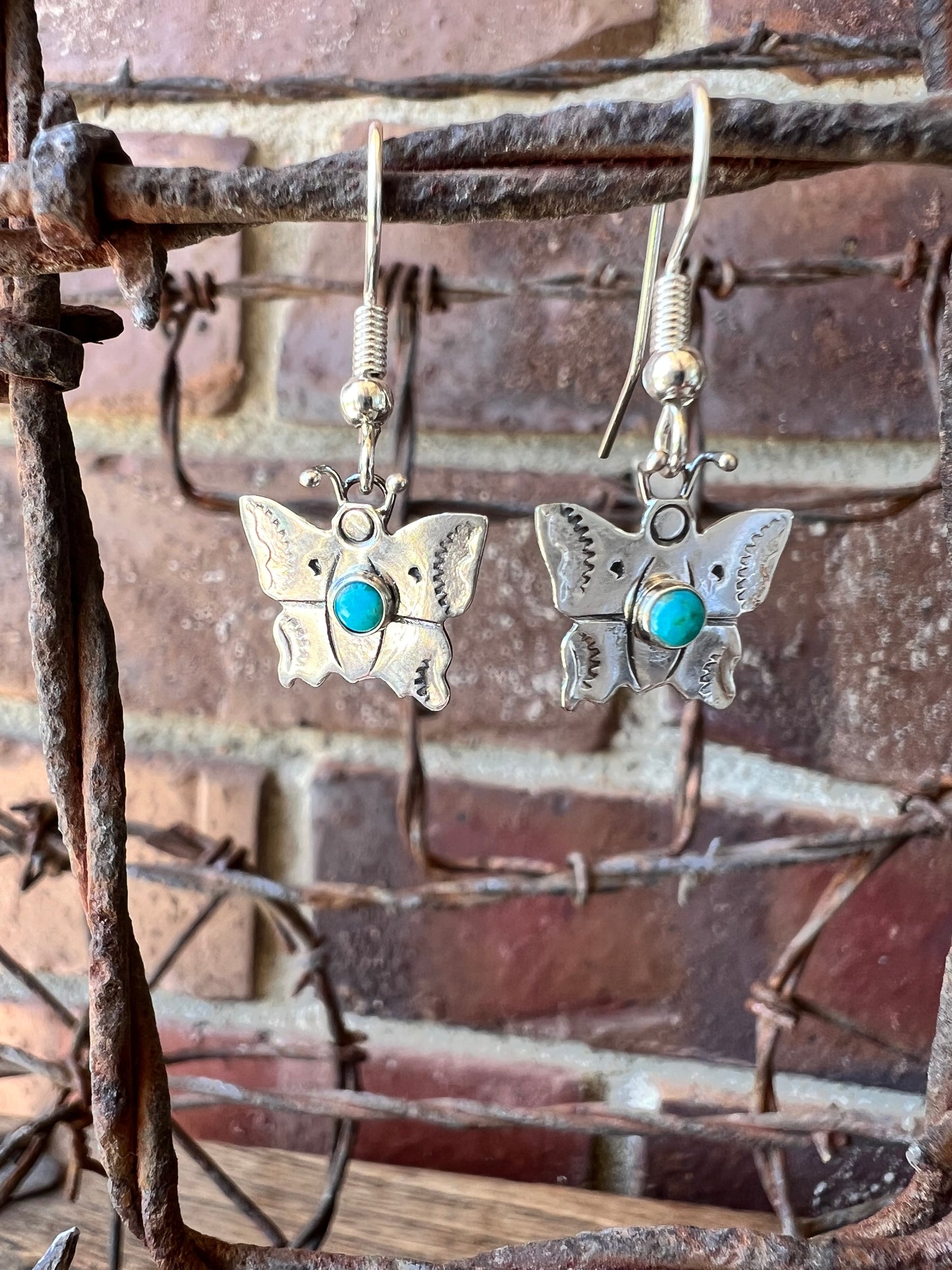 Dainty Handmade by Lucille Platero (Navajo) Turquoise & Sterling Silver Butterfly Earrings 1 1/8” Length