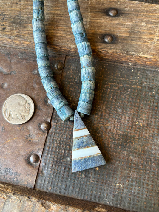 Denim Blue Dyed Coral Necklace & Inlay Pendant 19”