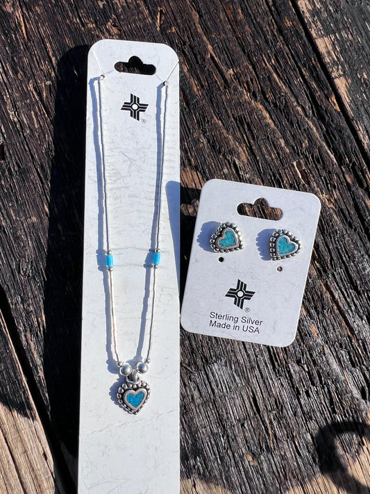 Sterling Liquid Silver & Turquoise Heart Necklace 15.5” & Post Earrings 3/4”