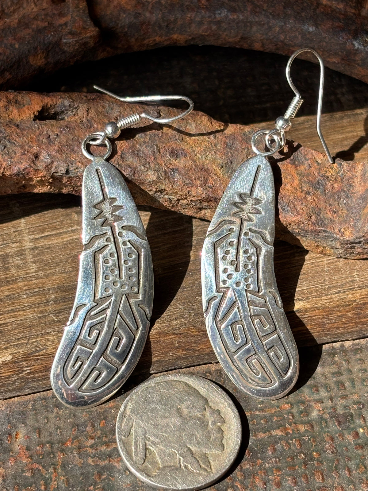 Handmade by Navajo artist Sonny Gene - Sterling Silver Overlay Eagle Feather Dangle Earrings