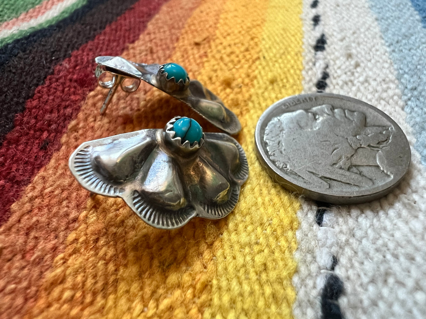 Native Handmade by Joann Begay Sterling & Turquoise Half Cluster Scalloped Repousse Post Earrings 3/4” x 1/2”