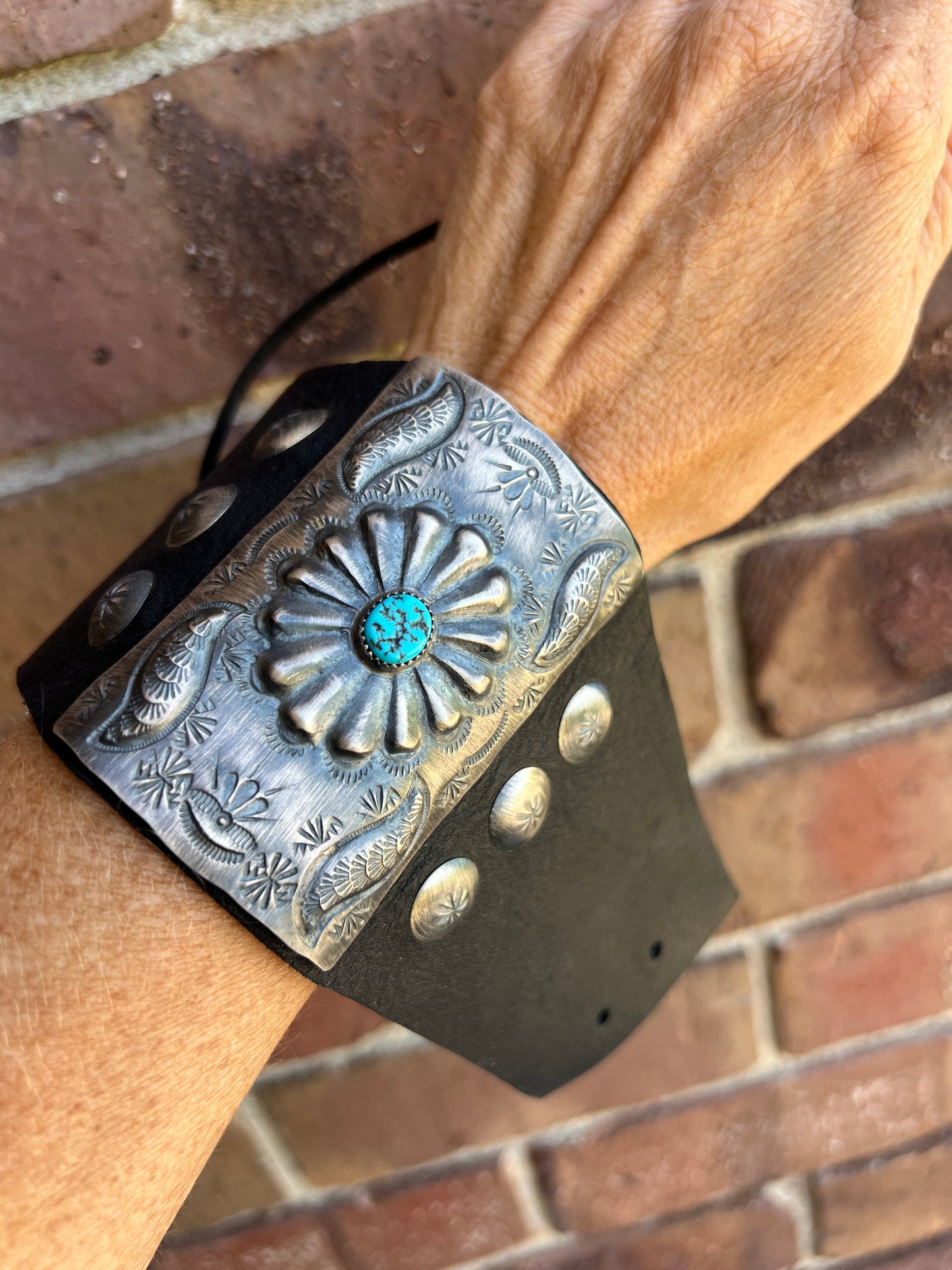 Navajo Handmade by Dale Morgan- Sterling, Turquoise & Black Leather Ketoh Sz 8