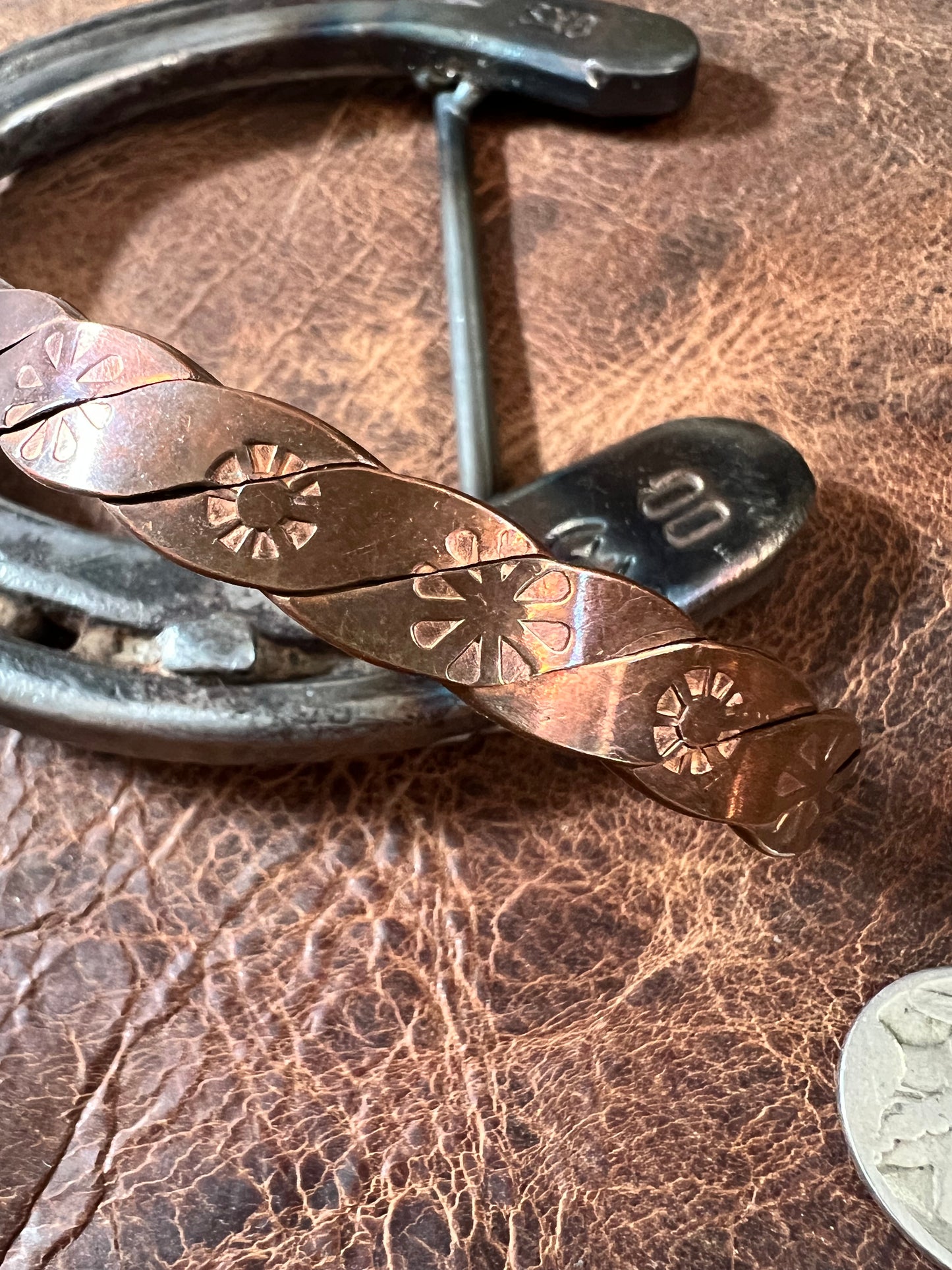 Vintage Copper Flower Stamped Cuff Bracelet Sz 7.75”