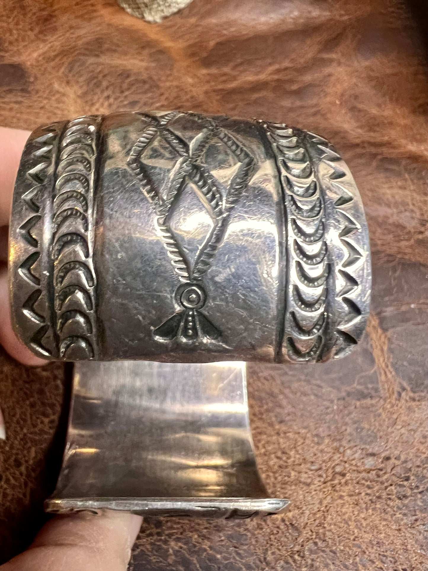 Vintage Heavy Navajo Handmade Sterling Silver Stamped Cuff Bracelet