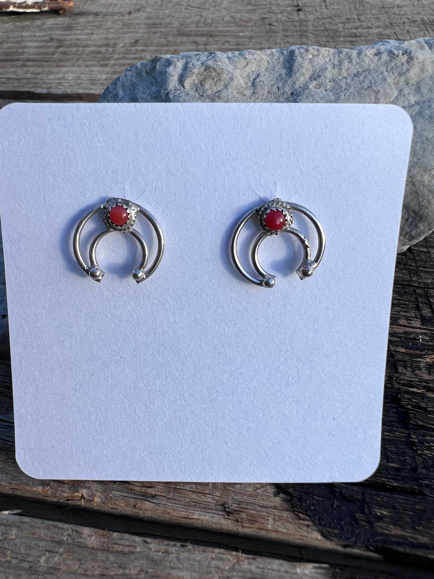 Native American Handmade Red Coral & Sterling Naja Post Earrings 1/2”