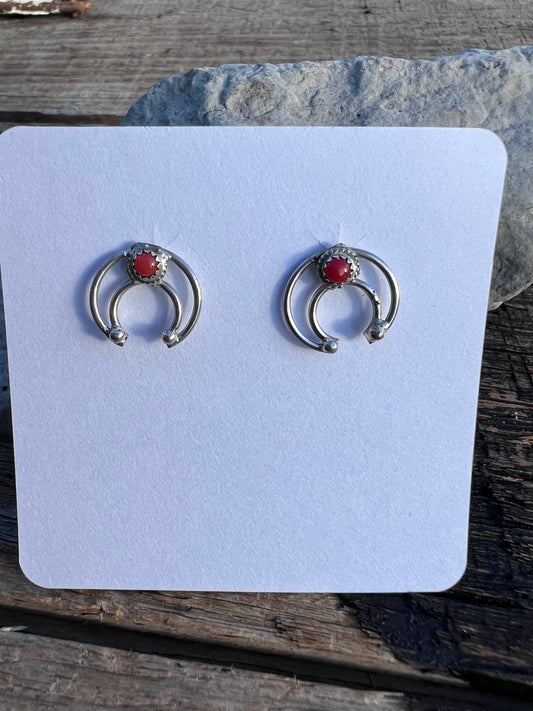 Native American Handmade Red Coral & Sterling Naja Post Earrings 1/2”