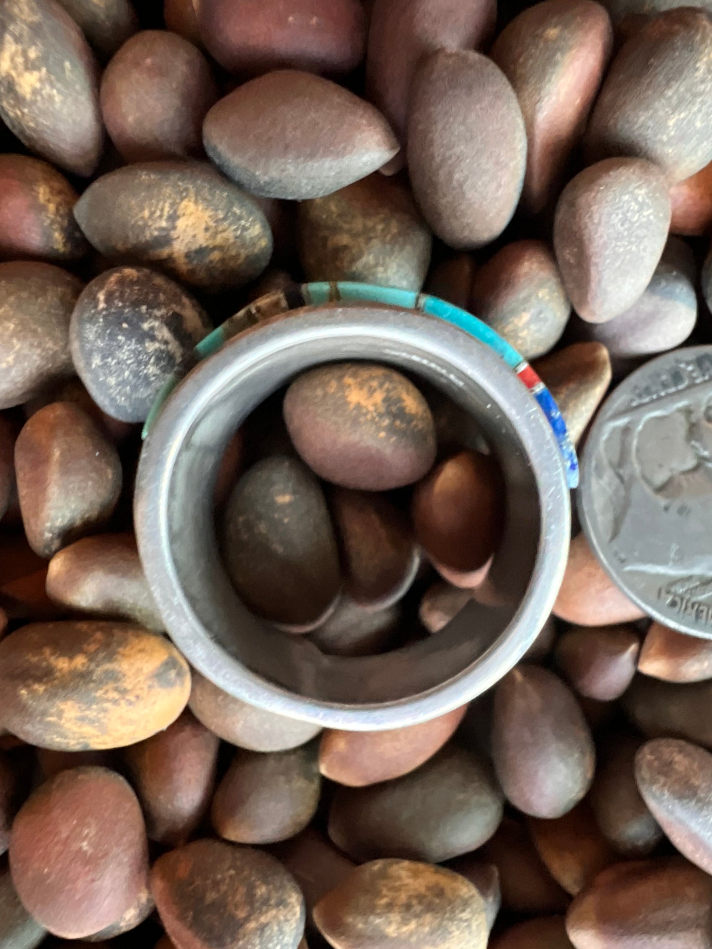 Vintage Navajo Handmade Men’s Inlay Ring - Lapis, Coral, Turquoise, Onyx, Jasper & Sterling Silver Sz 10