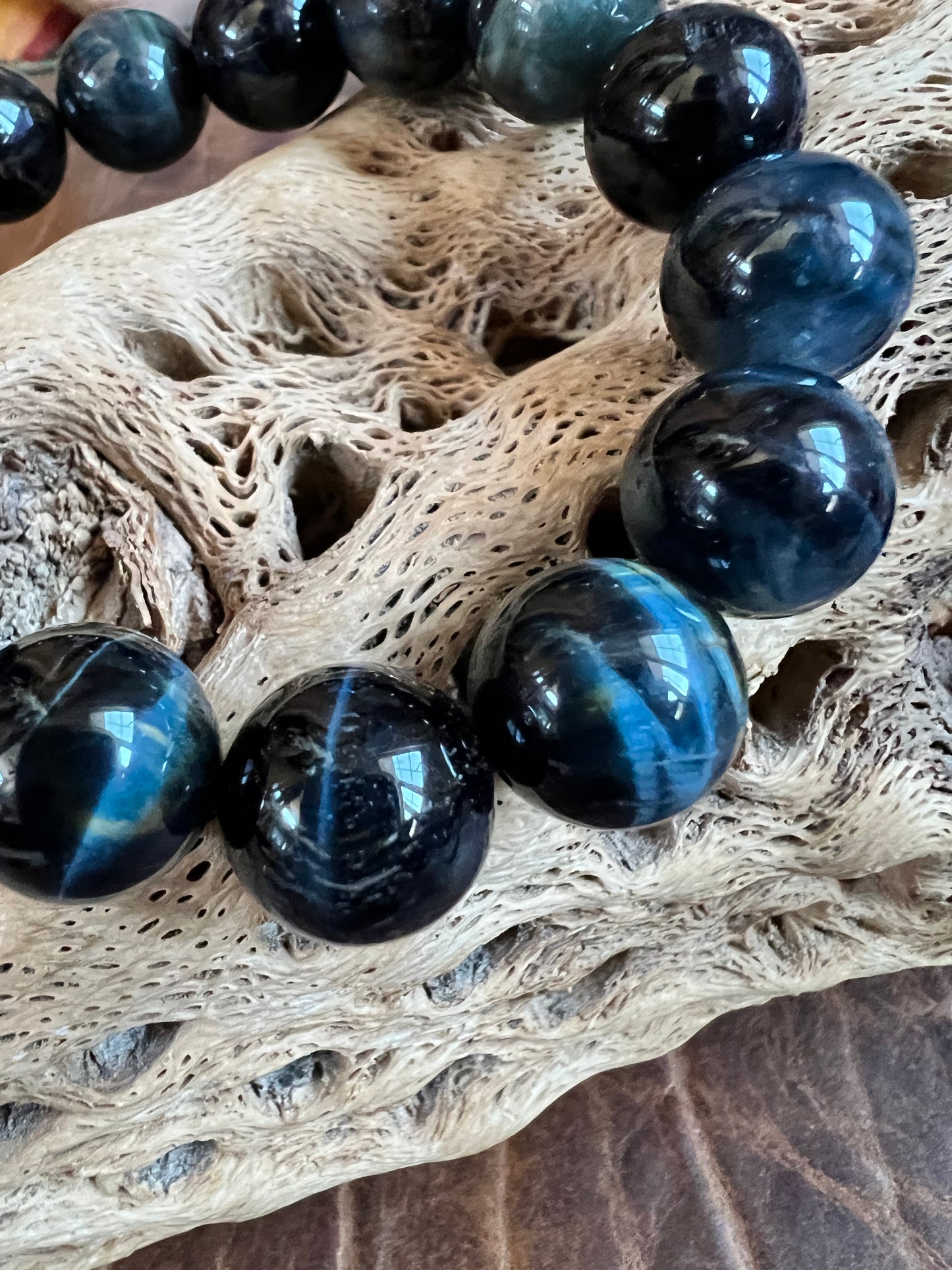 Blue Tiger Eye 12mm Round Bead Stretch Bracelet Sz 7”