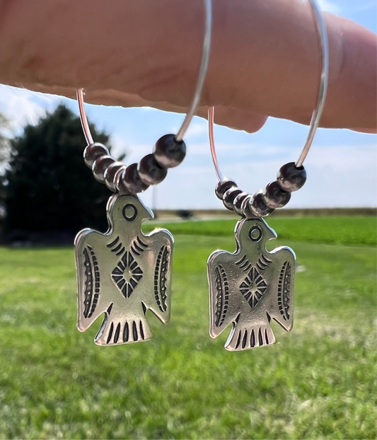 Sterling Silver Thunderbird & 3mm Oxidized Beads Hoop Earrings 1.8”