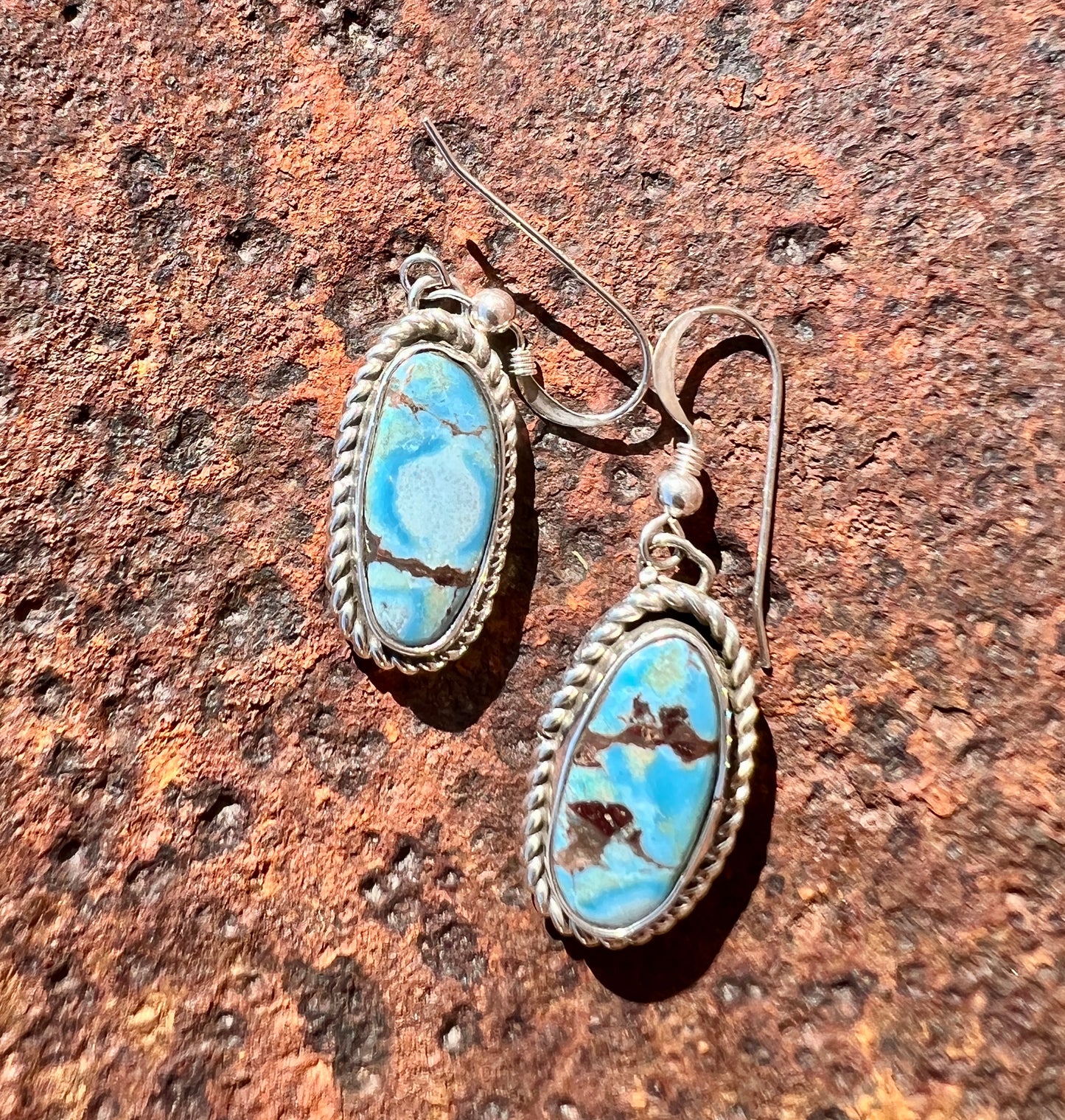 GoldenHills Turquoise & Sterling Silver Dangle Earrings- Navajo Handmade by L. Silversmith