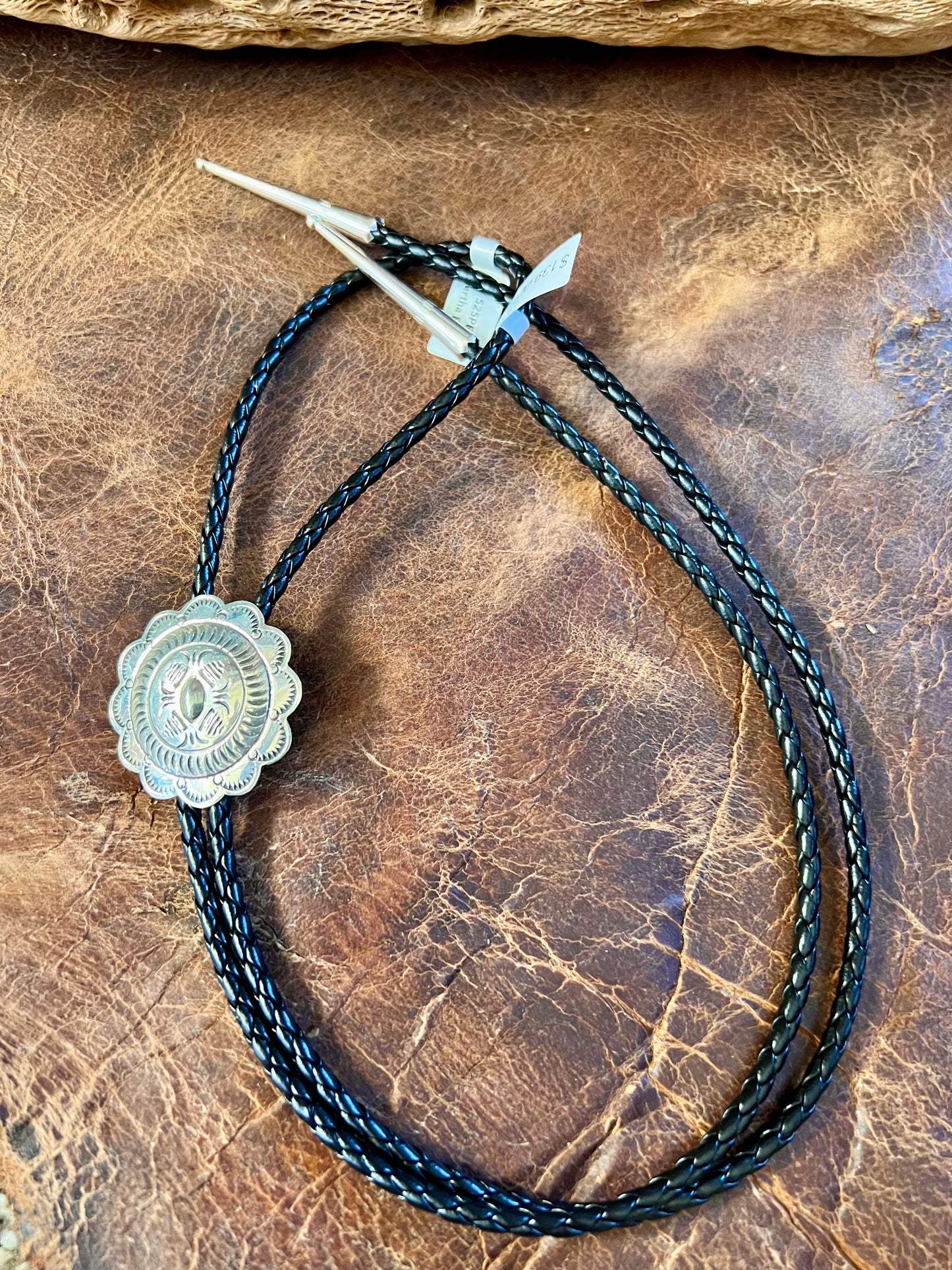 Navajo Handmade by Bertha Begay Scalloped Stamped Sterling Concho Bolo Necklace