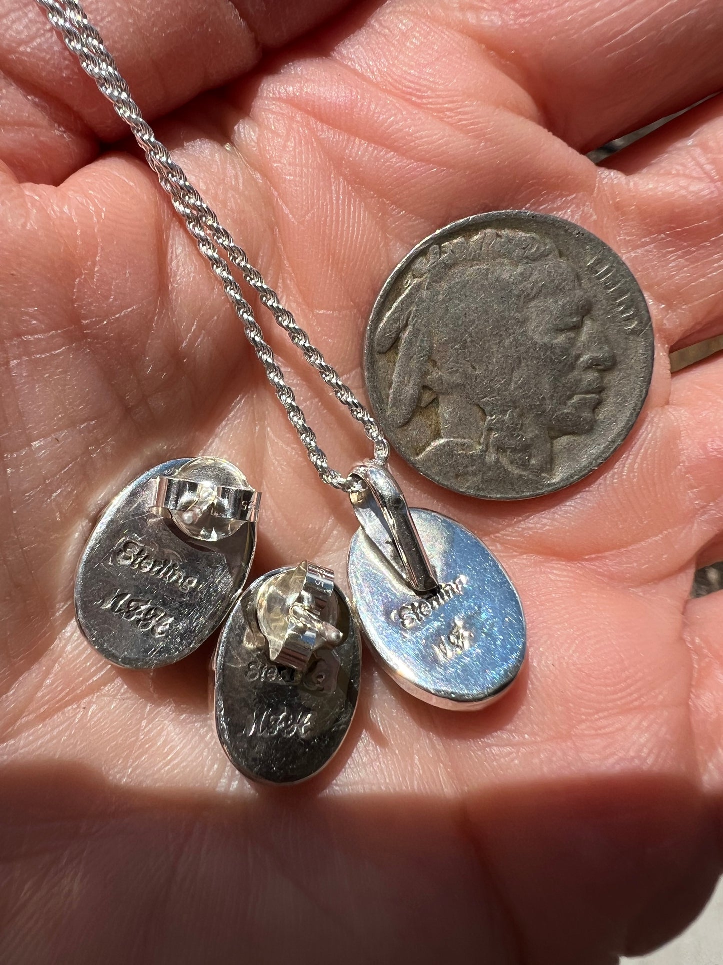 Navajo Handmade by Martha Silversmith. Sterling Silver &?Tyrone Turquoise Post Earrings, Pendant & Necklace Set