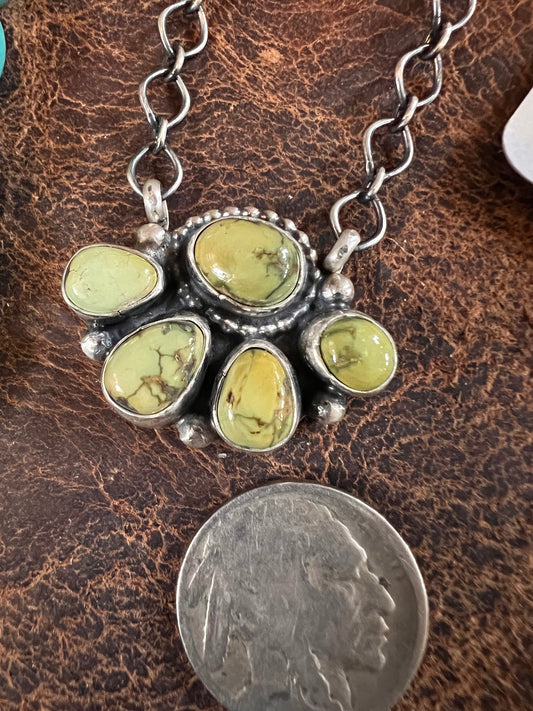 Handmade by Travis Jim, Sterling & Sonoran Turquoise Cluster Pendant Necklace 20”