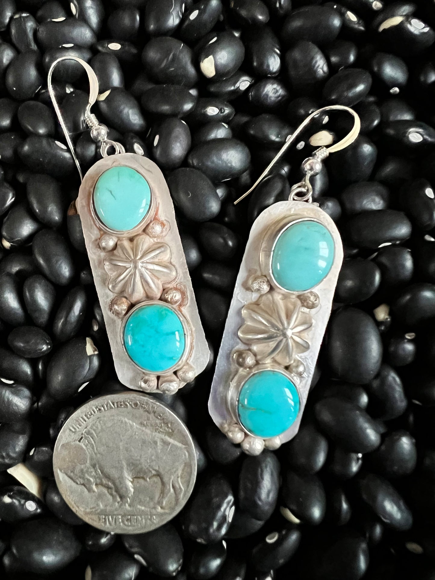 Navajo Handmade by Lee Sandoval. Lone Mountain Turquoise & Sterling Dangle Earrings 2 1/8” x 5/8”