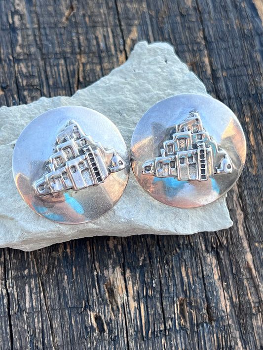 Vintage Southwest Sterling Adobe Pueblo Post Concho Earrings- Handmade by Carol Felley 1.25”