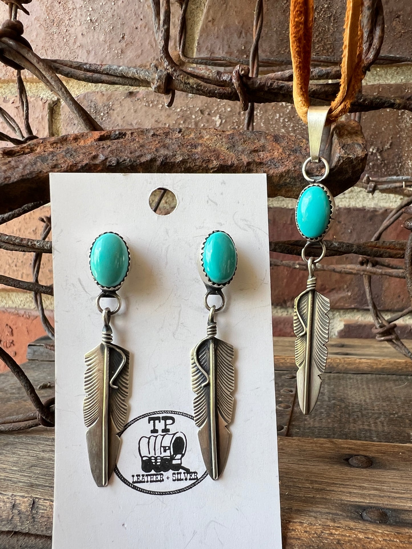 Navajo Handmade by Chris Charley Sterling Silver Feather with Sonoran Turquoise post dangle earrings& Pendant Deerskin Lace Necklace Set