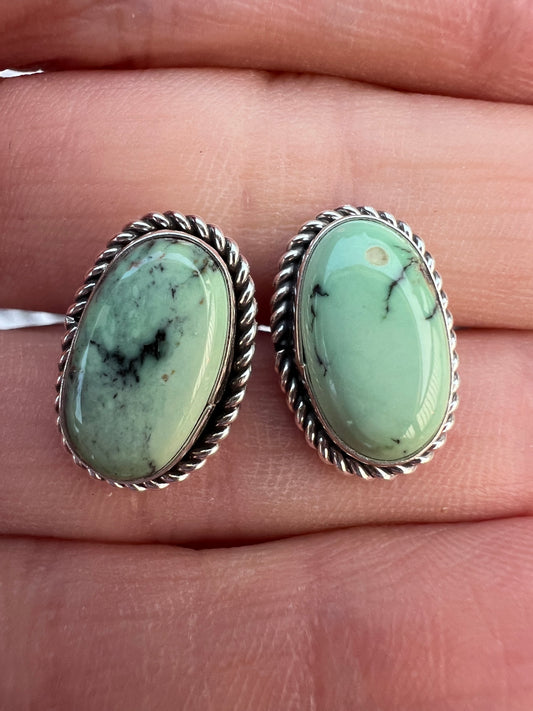 Native American Handmade Sterling & New Lander Variscite Post Earrings .6”x.4”
