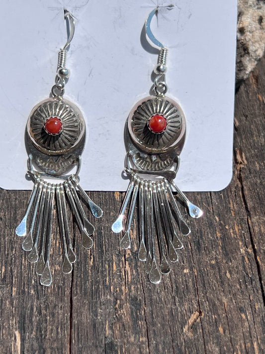Navajo Handmade by Paula Armstrong Sterling & Red Coral   Dangle Earrings 2.75”