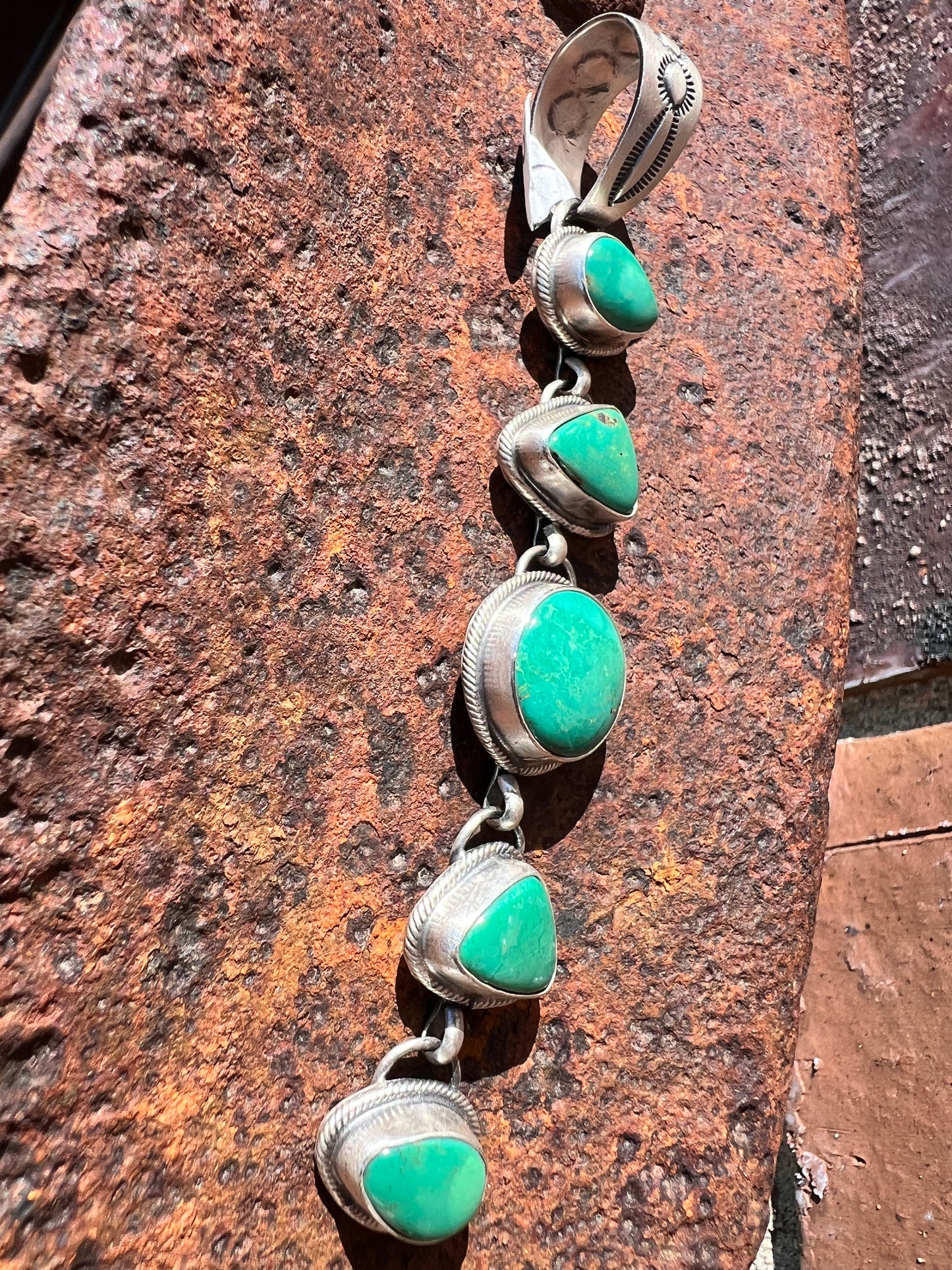 Fox Green Turquoise & Sterling Silver 5-stone Ladder Pendant.  Navajo Handmade by Calvin Pete