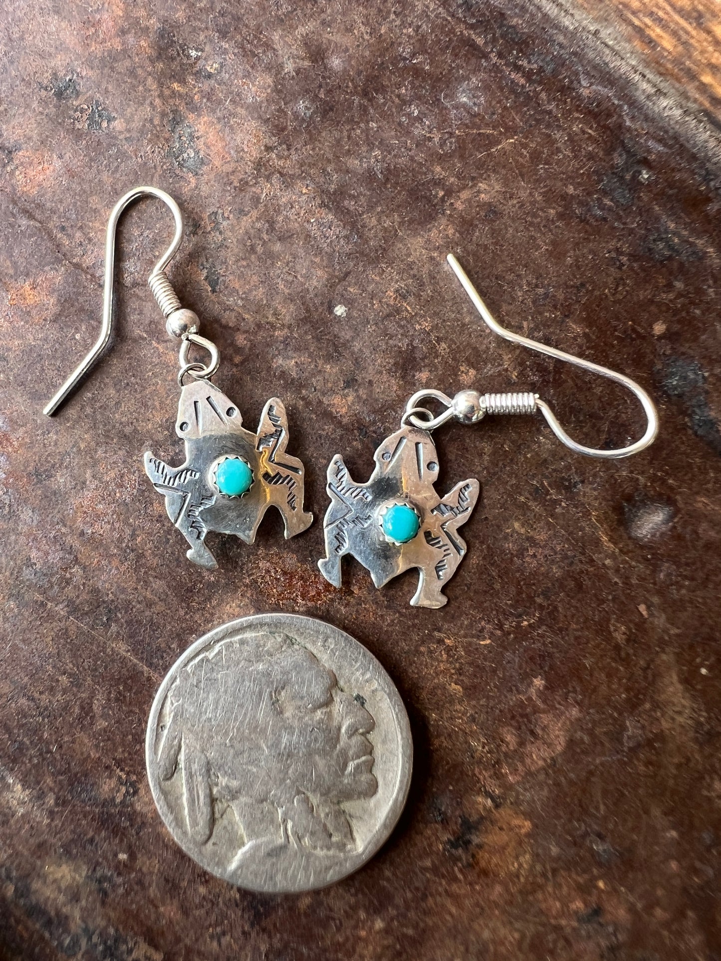 Dainty Handmade by Lucille Platero (Navajo) Sterling & Turquoise Frog Earrings 1.3” long
