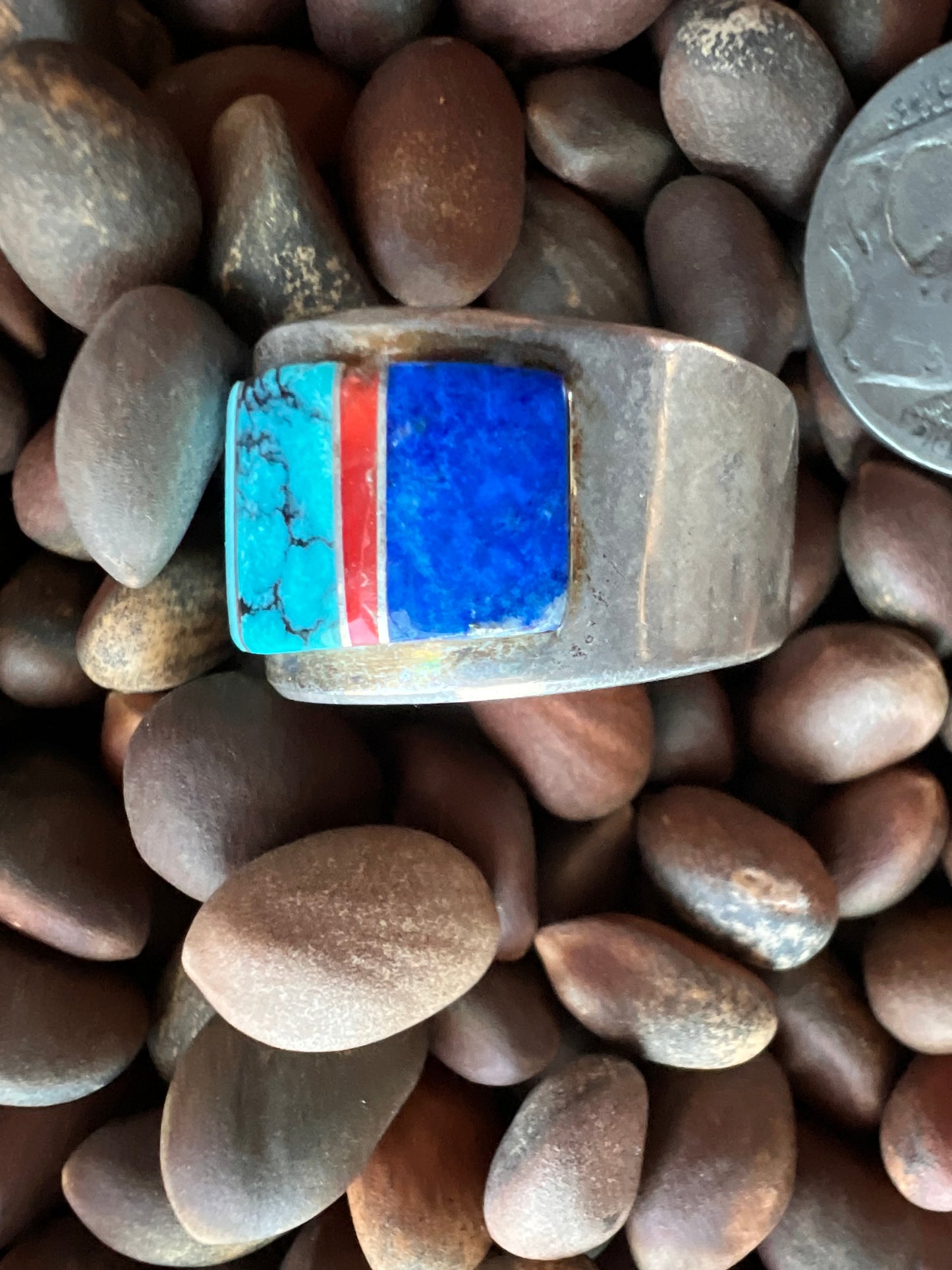 Vintage Navajo Handmade Men’s Inlay Ring - Lapis, Coral, Turquoise, Onyx, Jasper & Sterling Silver Sz 10