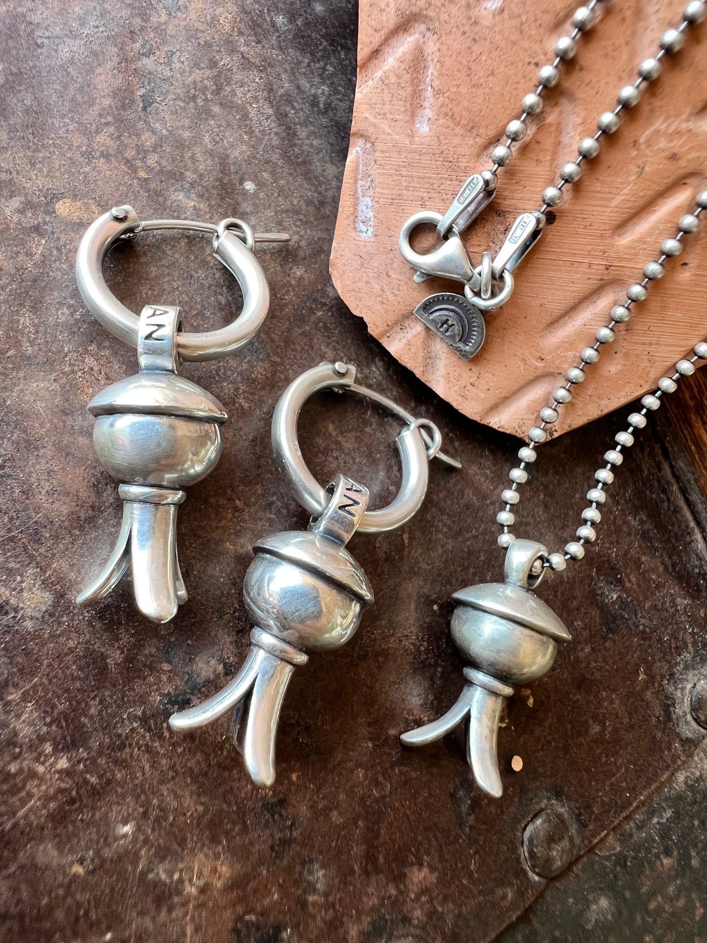 Southwest Handmade by Dennis Hogan. Sterling Silver Blossom Earrings & Necklace Set