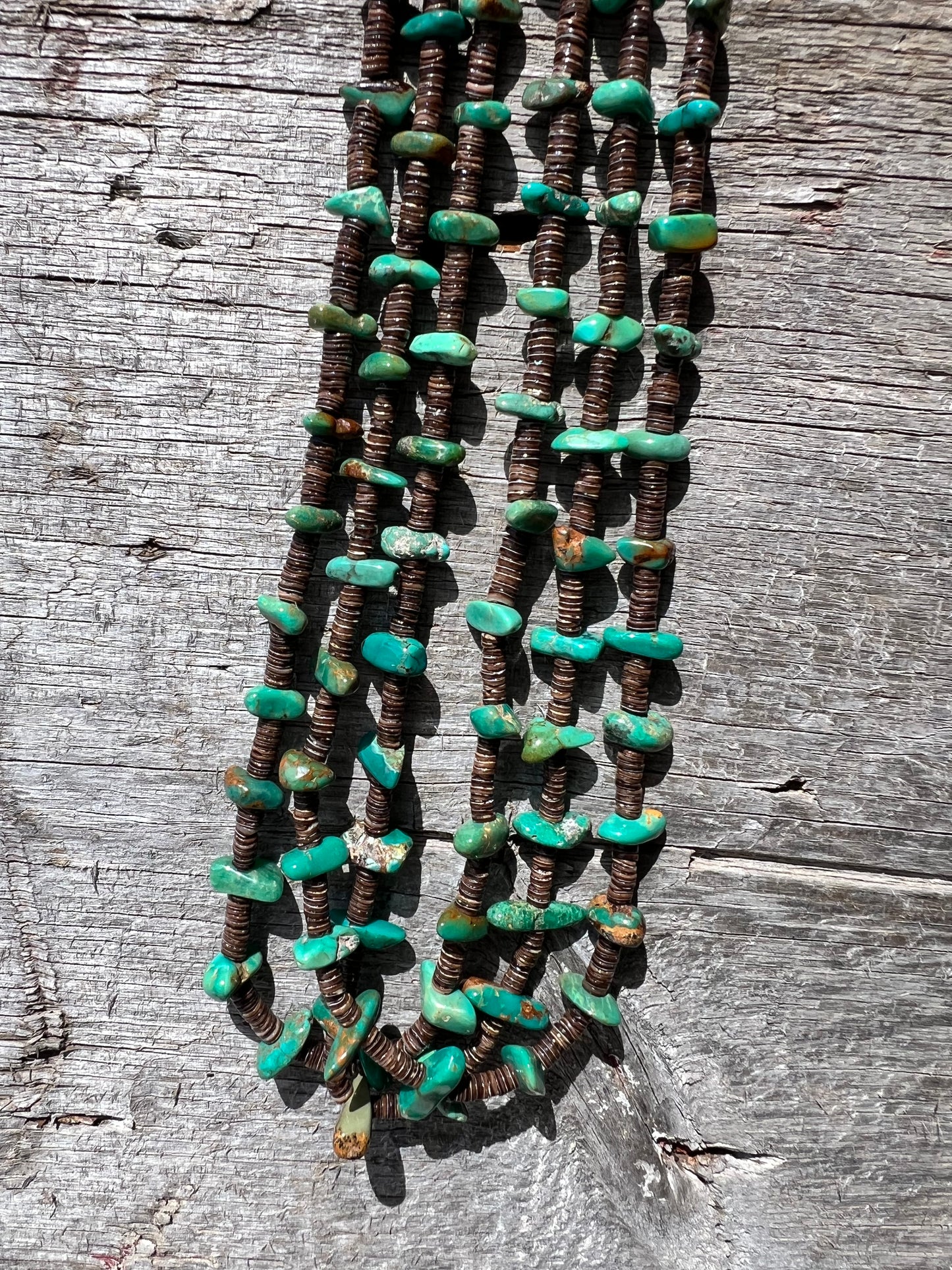 Kewa Pueblo Handmade by Robert Coriz Shell Heishi & Fox Turquoise 3-Strand 23” Necklace