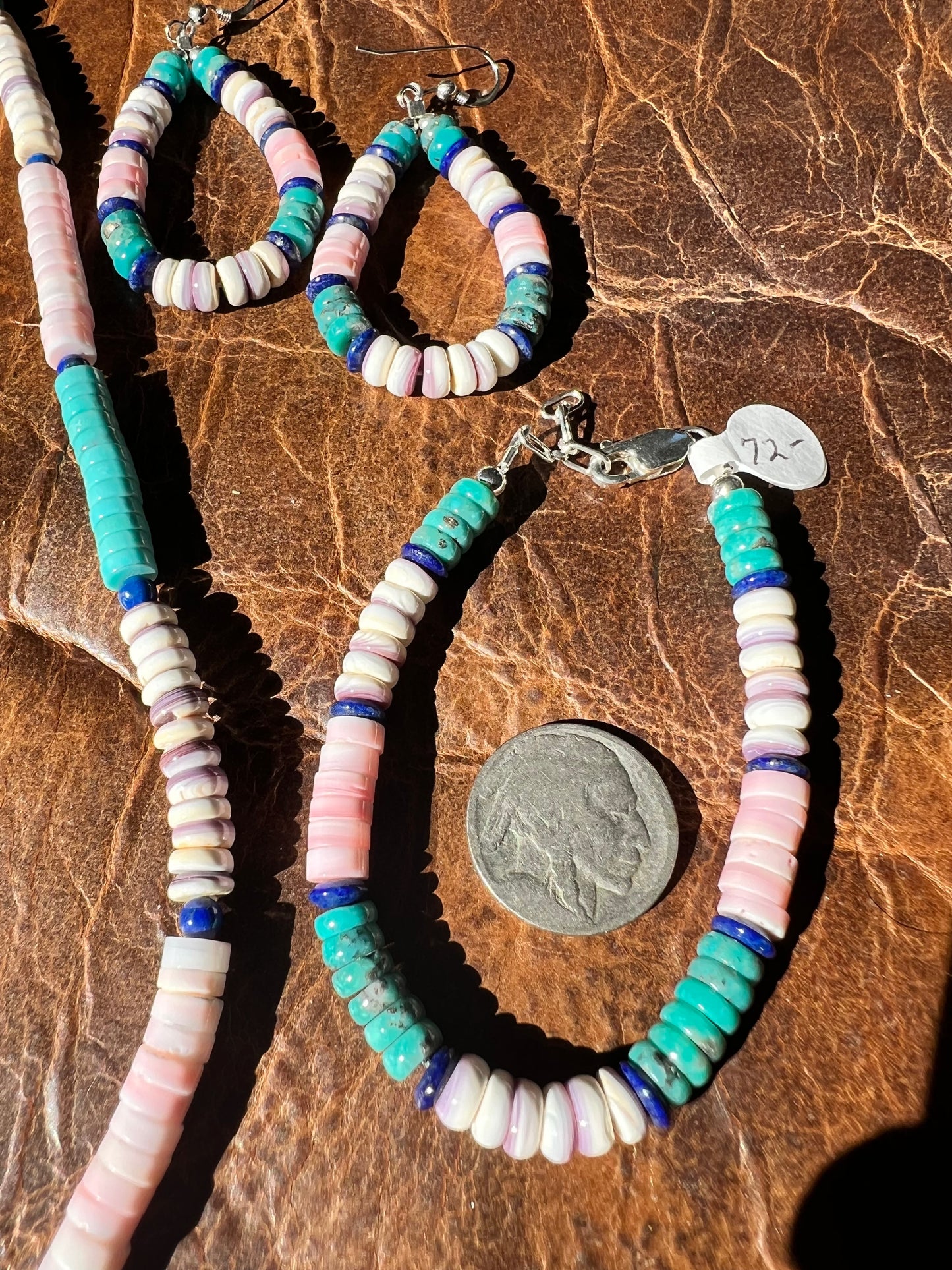 Lapis, Pink Conch, Turquoise, Wampum w/ Sterling Bracelet, Necklace & Earring Set