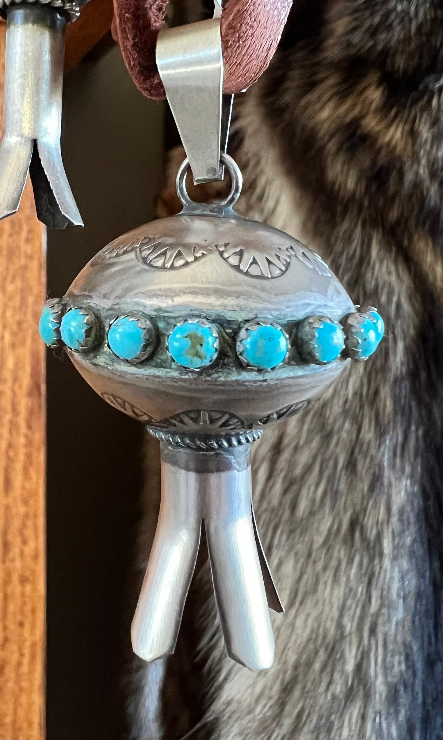 Navajo Handmade by the talented Monica Smith, Sterling Silver & Turquoise Stamped Blossom Pendant 2.4”