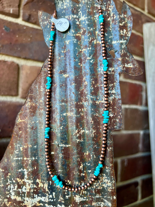 Genuine Copper Bead (3mm) & Sleeping Beauty Turquoise Necklace 14”-16”