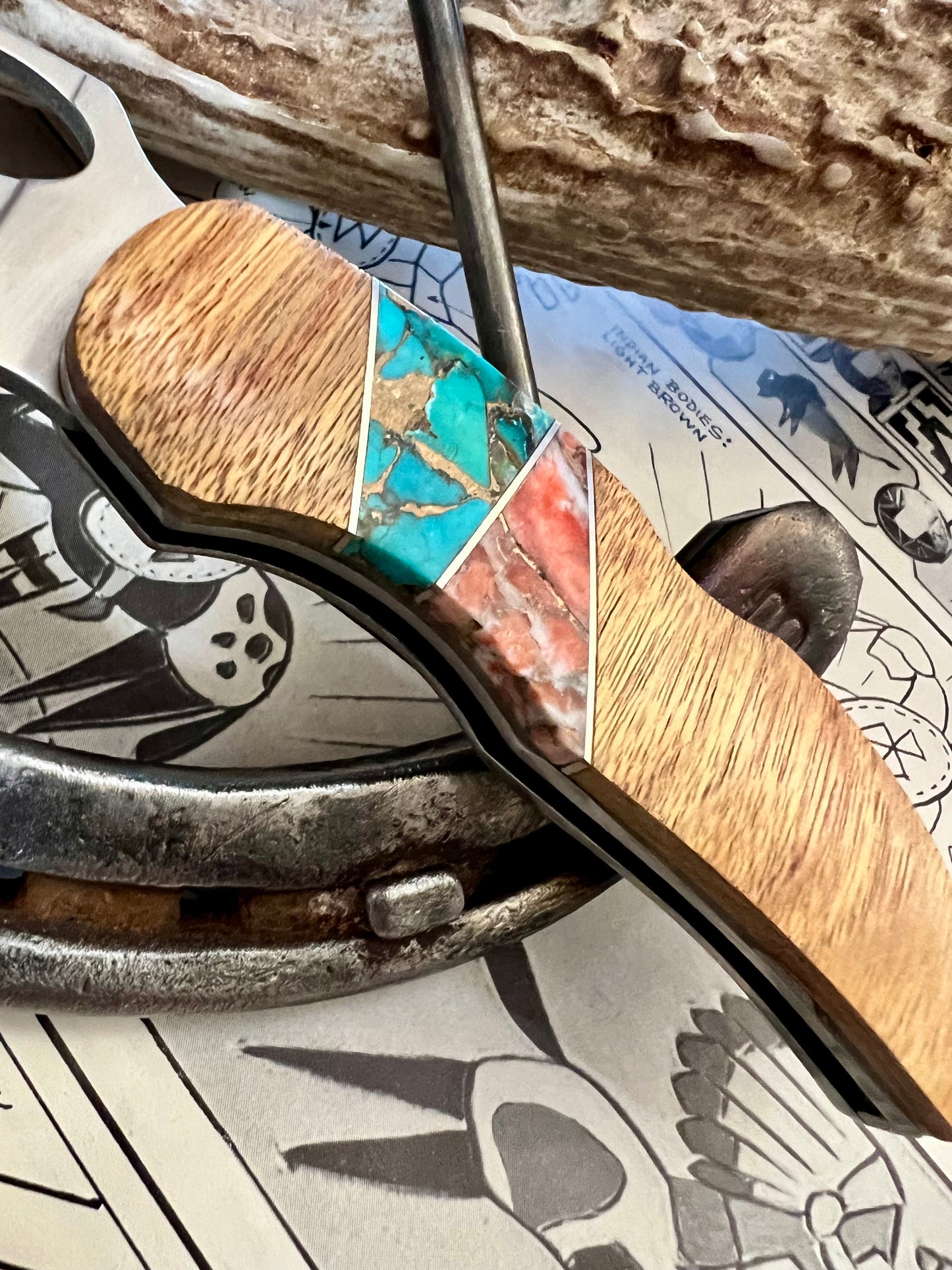 Beautiful Pocket Knife with Wood, Turquoise & Coral Inlay. 
3.5”