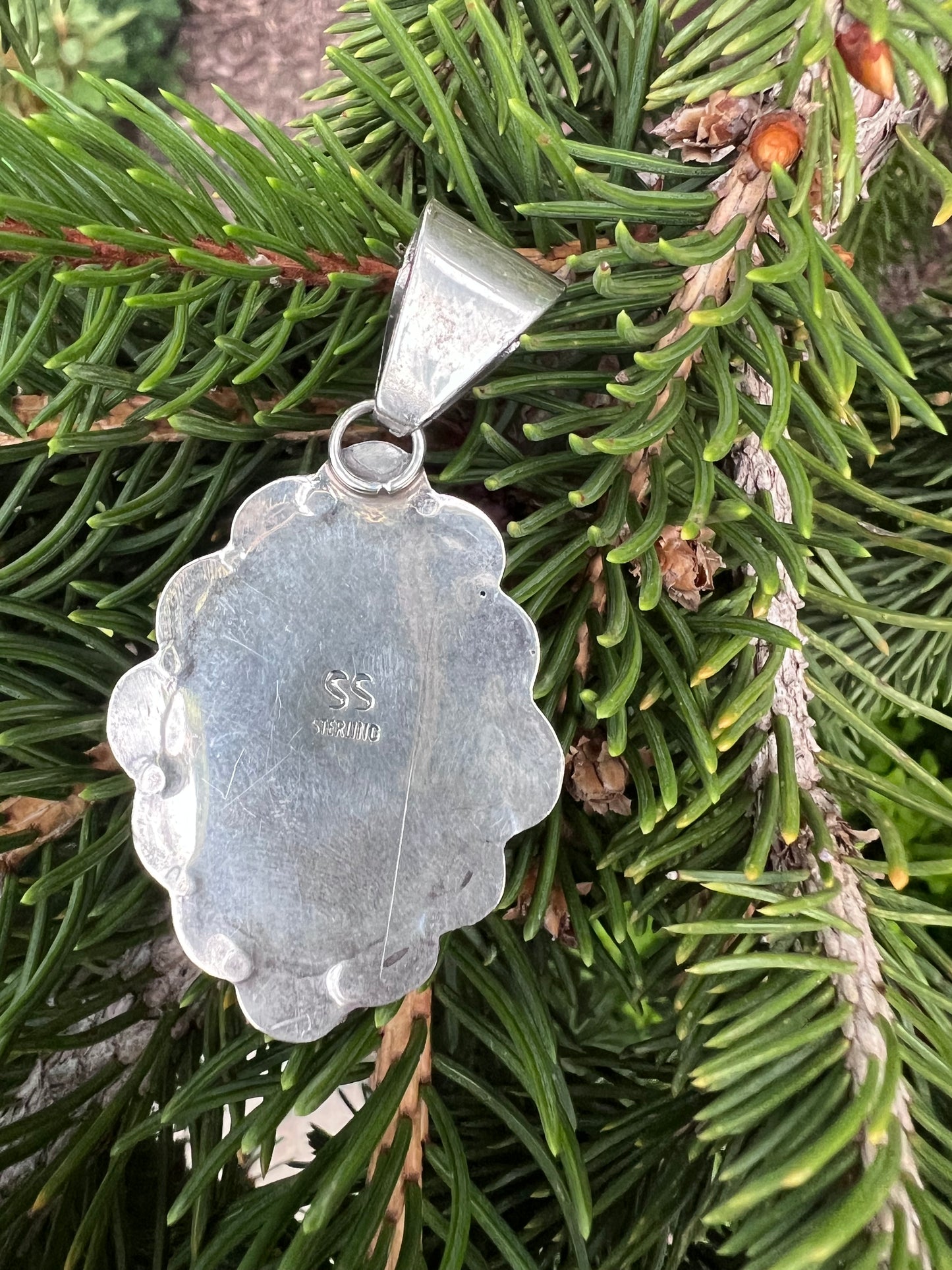 Native American Handmade Sterling & Dry Creek Pendant 2.4” long w/bale
