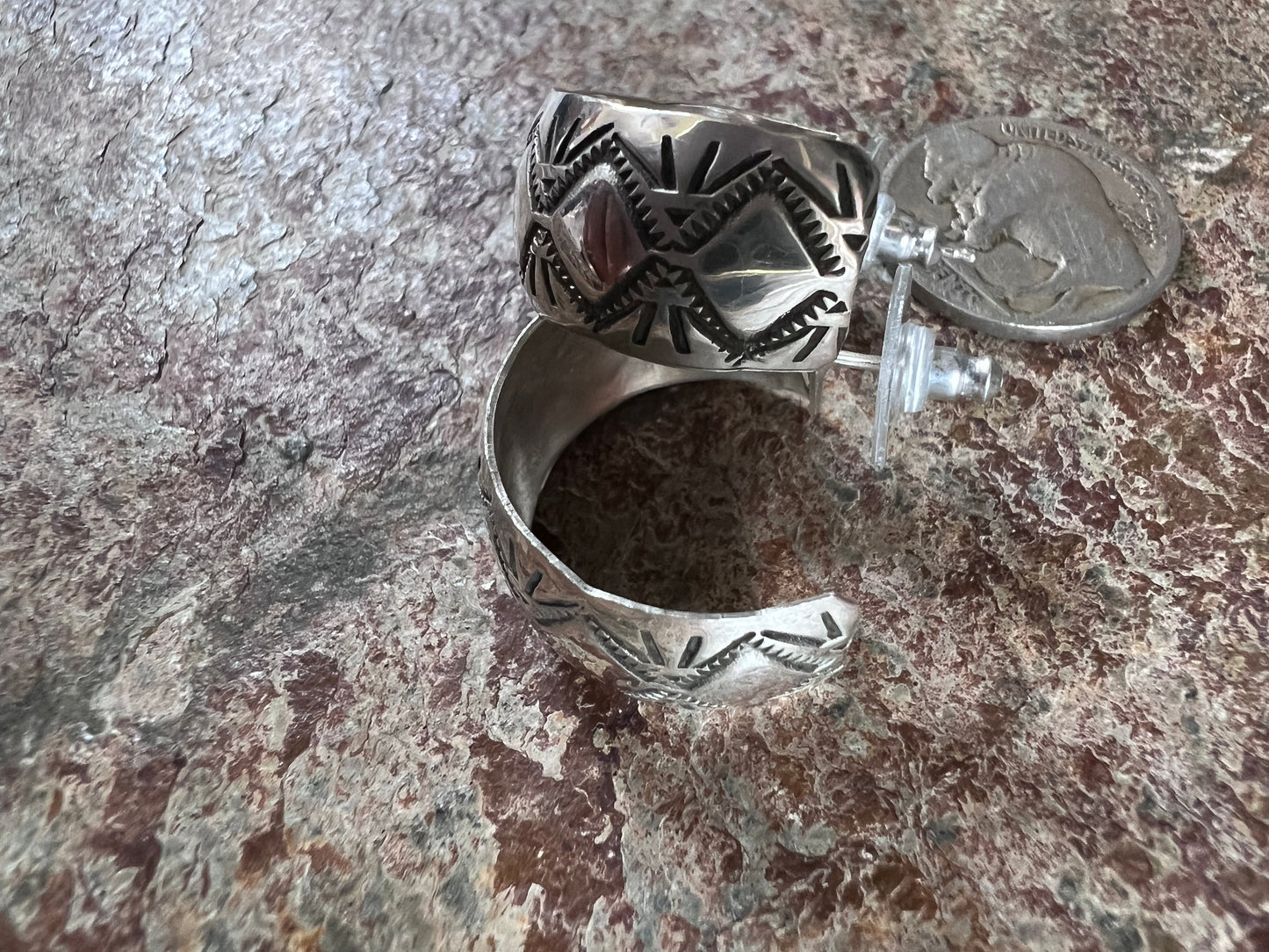 Native American Handmade by Nova Ashley- Sterling Southwest Pattern Stamped Post Hoops 1” x 1/2”