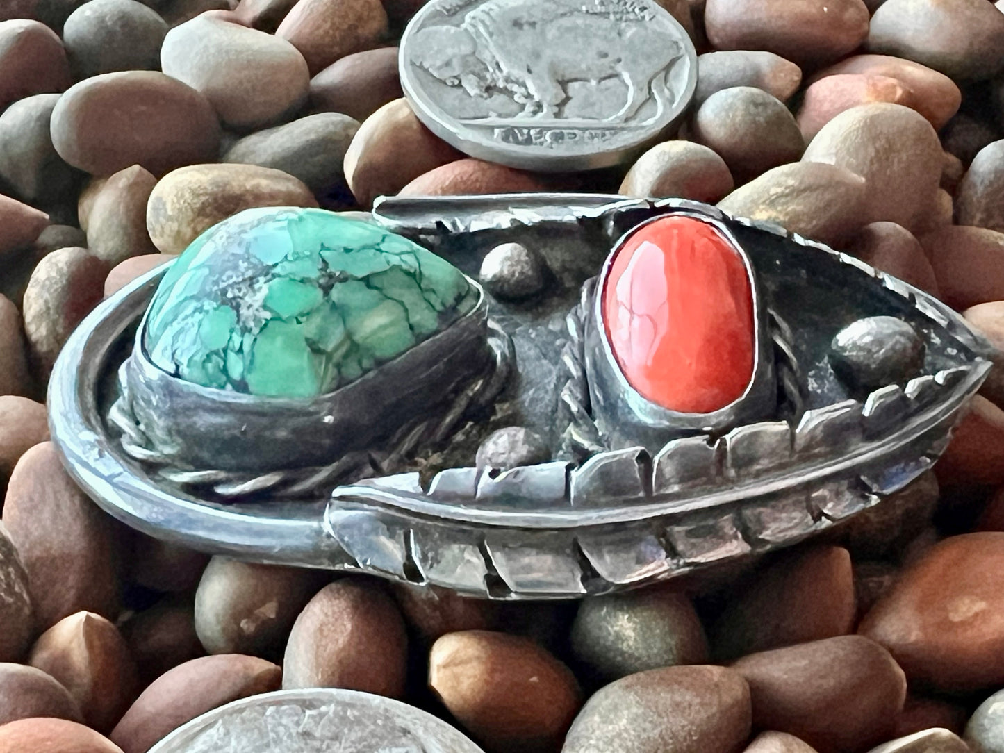 Vintage Navajo Handmade Green Turquoise, Mediterranean Coral & Sterling Silver Pendant