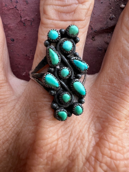 Vintage Native American Handmade Zuni Turquoise & Sterling Ring Sz 7.5