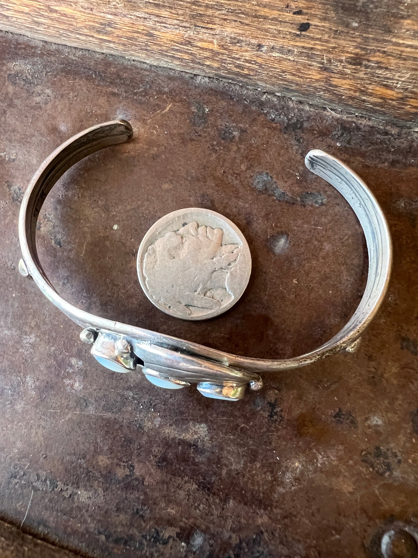 Vintage 3-stone Mother-of-Pearl & Sterling Cuff Bracelet Size 6.5”