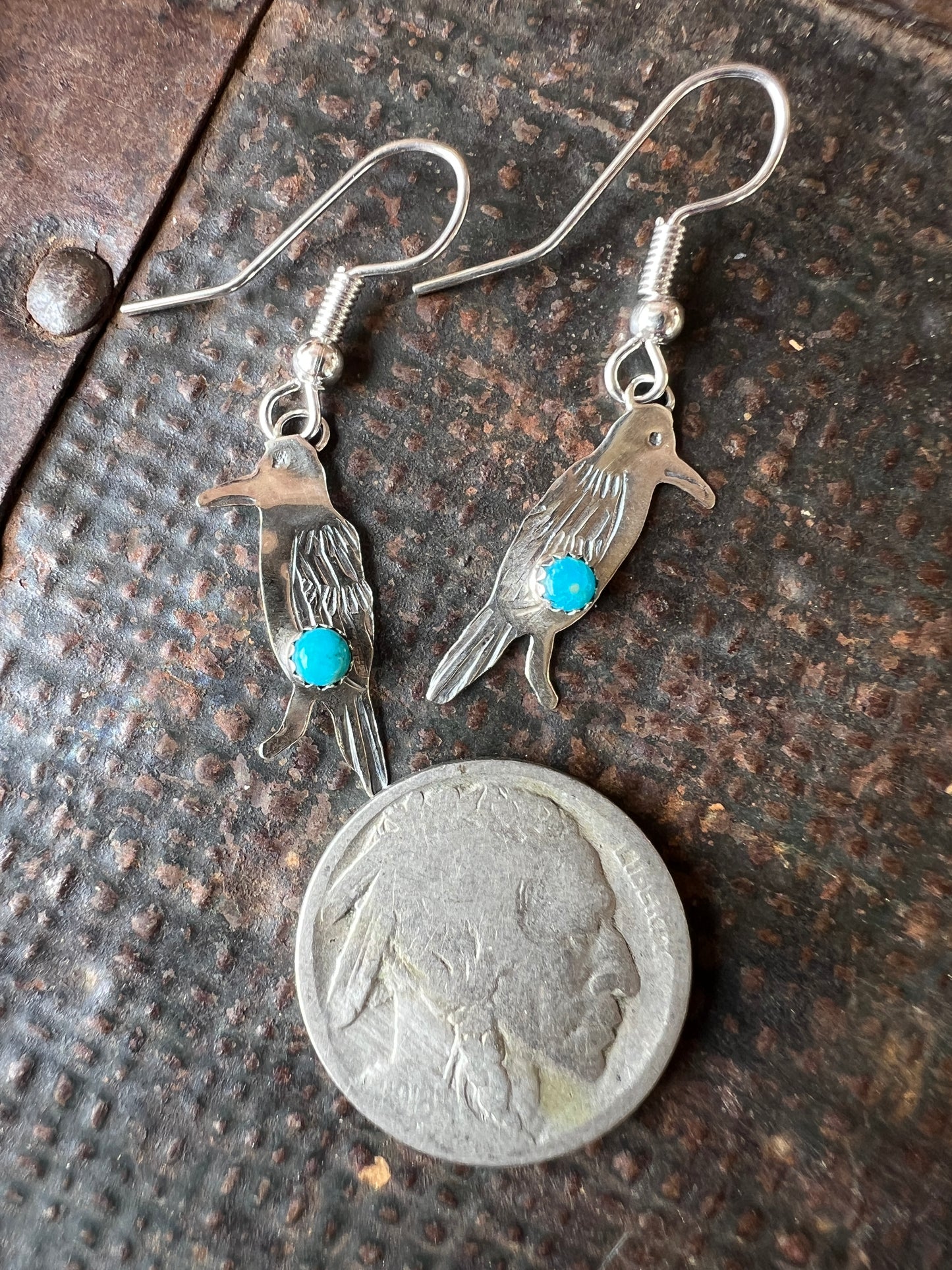 Dainty Handmade by Lucille Platero (Navajo) Turquoise & Sterling Silver Crow Earrings 1.5” Length