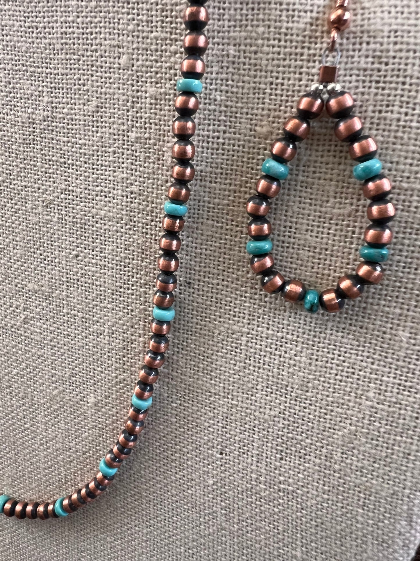 Genuine Oxidized Copper & Campitos Turquoise 4mm Bead Necklace 16”-18” & Earrings 2 1/4”