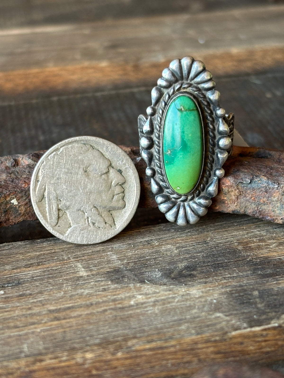 Vintage Fred Harvey Eara Sterling Silver & Royston Turquoise Ring Size 6-9 Adj.